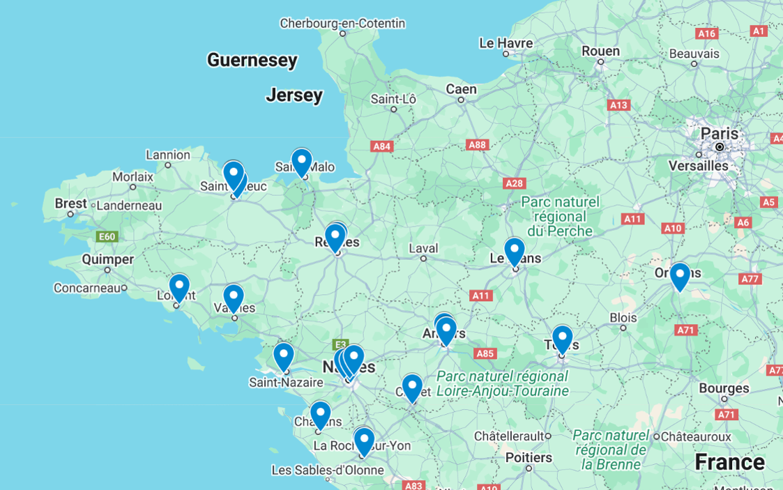 CARTE MONTRANT LES CENTRES FARWEST EN BRETAGNE ET LOIRE ATLANTIQUE